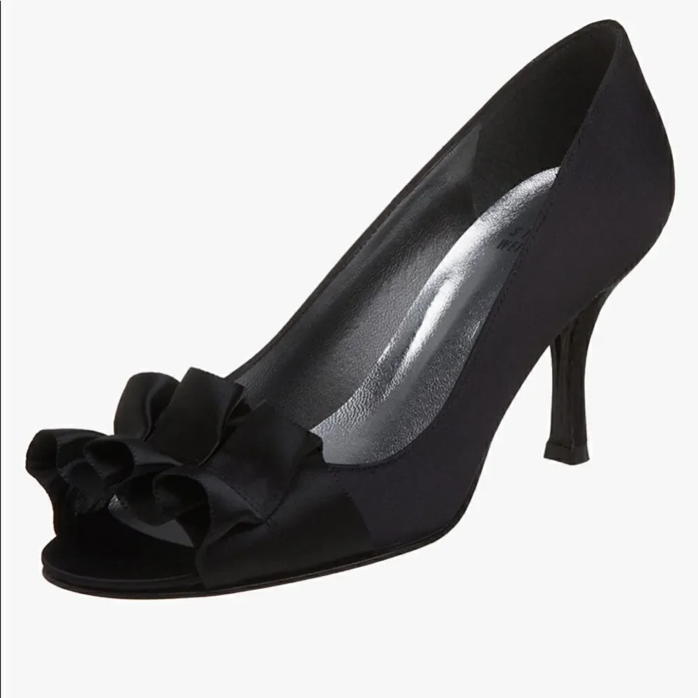 𝅺Stuart Weitzman Black Gigiritz Ribbon Peep Toe Satin Pumps